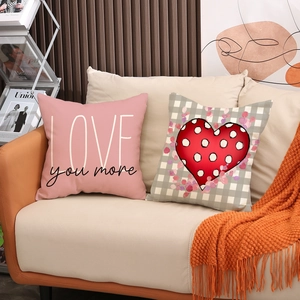 Detail of decorative Valentine's Day pillows on sofa with Love message and heart pattern