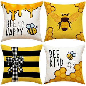 Federa Decorativa a Tema Ape in Poliestere Effetto Lino Copricuscini per Divano Arredamento Casa Motivo Bee Happy Ufficio