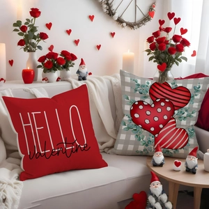 Valentine's Day pillow covers with Hello Valentine text and red hearts on white sofa
