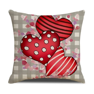 Plaid Valentine's Day throw pillow cover with red stacked hearts and floral accents
