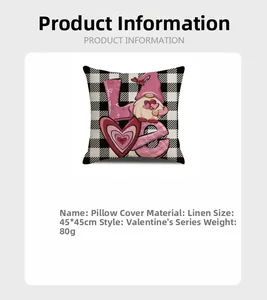 Linen Valentine Gnomes pillow cover 45x45cm with pink Love text and black plaid pattern