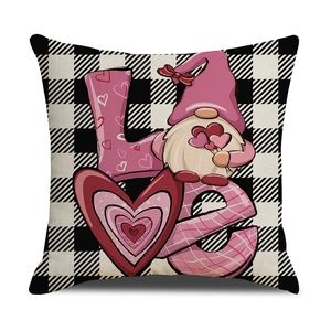 Buffalo check plaid Valentine's Day pillow cover with pink gnome and LOVE heart print