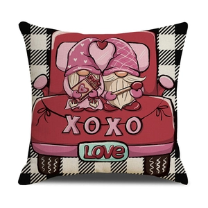 Detail of Valentine's pillow case showing gnome couple on truck with fabric texture
