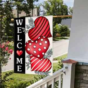 Bandera de Jardín San Valentín Lino Poliéster Doble Cara Cuadros Búfalo Corazón Gnomos Decoración Exterior Patio