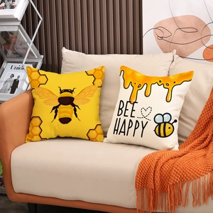 Set di due federe per cuscini in lino con stampe di api e scritte BEE HAPPY