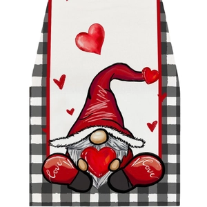 Gnom-Valentinstag Tischläufer aus Leinen mit roten Herzen und Vichy-Karomuster-Rand