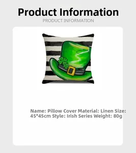 Linen clover pillow cover detail with green hat print and 45x45cm size specifications