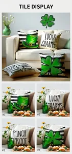 Macro detail of St. Patrick's Day cushion covers with lucky clover and striped patterns