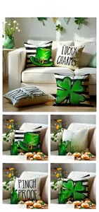 Macro detail of St. Patrick's Day cushion covers with lucky clover and striped patterns