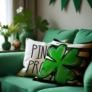 St. Patrick's Day green clover pillows with black stripes on a stylish sofa
