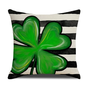 Green lucky clover square throw pillow cover with black and white stripes for living room
