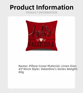 Detail view of red linen Valentine cushion cover 45x45cm with hello VALENTINE print