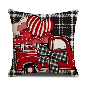 Macro detail of linen texture on Valentine's red truck and hearts decorative pillow cover