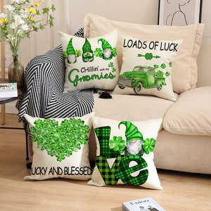 Set of four St. Patrick's Day pillow covers with shamrocks and lucky gnomes for sofa decor