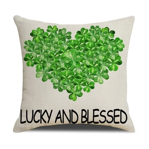 Linen lucky clover heart cushion cover with Lucky and Blessed text for St. Patrick's Day