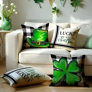 Set van vier St. Patrick's Day linnen kussenhoezen met Ierse klaver en groene hoed ontwerpen