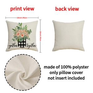 Linen style floral pillow cover with Gather Together print and flower vase, 18 inch