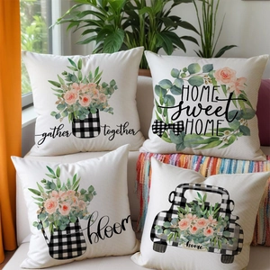 Set of four floral linen pillow covers with Buffalo Plaid and botanical prints for home decor