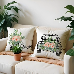 Rustic cotton linen pillow covers with floral truck and 'Bloom' 'Home' print for sofa