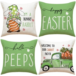 Set of four Easter pillow covers with gnome and carrot truck prints on linen fabric