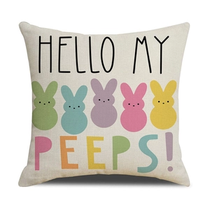 Oster-Kissenbezug aus Leinen mit bunten Hasen-Silhouetten und Hello My Peeps Schriftzug