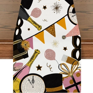 Linen Happy New Year table runner with champagne and balloons on dark wooden table