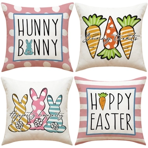 Set of four Easter linen pillow covers featuring cartoon bunnies and carrots decoration