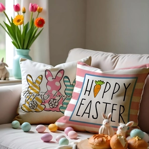 Close-up of Easter linen cushion covers with rabbit and carrot prints on a cozy sofa