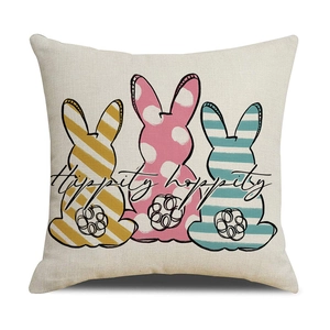 Linen Easter pillow cover with vintage rabbit print and Hippity hoppity text on white background
