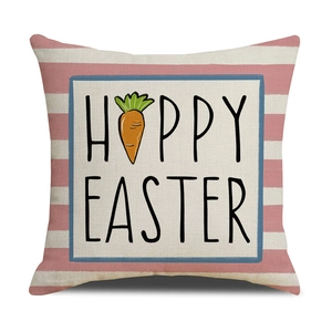 Detail of Hoppy Easter linen pillowcase with pink stripes and carrot illustration