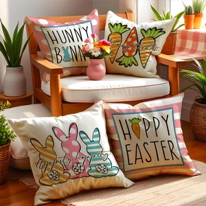 Easter Bunny Decorative Throw Pillowcase Linen Polyester Cushion Cover Sofa Living Room Home Decor Festive Rabbit Pattern