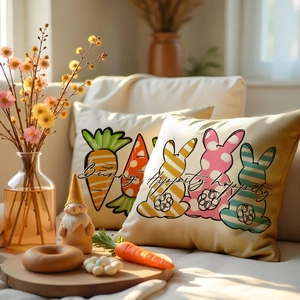 Easter bunny linen throw pillow covers with decorative rabbit prints for sofa decor
