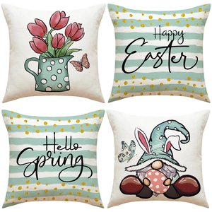 Detail of four Easter throw pillow covers with gnome and tulip spring prints