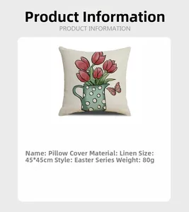 Close-up of linen Easter cushion cover 45x45cm with tulip and butterfly print detail