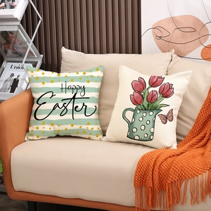 Detail of Easter pillow covers featuring Happy Easter text and vintage floral patterns