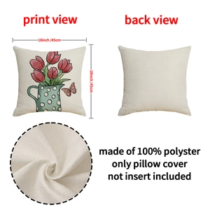 Easter throw pillow cover with tulips and butterfly print, 18x18 inches linen texture
