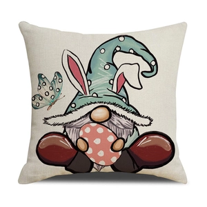 Easter gnome square pillow cover with rabbit ears and colorful eggs on white background
