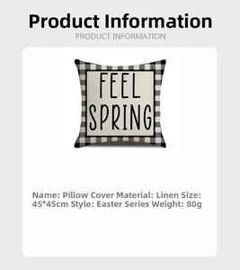 Linen Easter pillow cover detail with Feel Spring text and buffalo plaid pattern