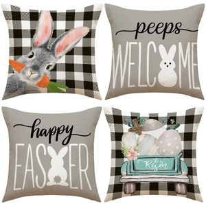 Housse De Coussin En Lin De Pâques Imprimé Lapin À Carreaux Taie D'Oreiller Décorative Farmhouse Pour Canapé Salon