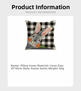Housse de coussin Pâques en lin avec imprimé lapin sur motif à carreaux vichy