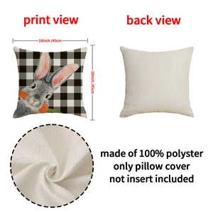 Housse de coussin style lin avec imprimé lapin et motif à carreaux noir et blanc
