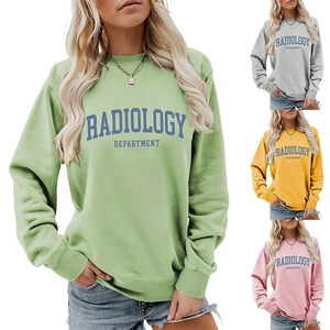 Detailed view of women's radiology department sweatshirt in green, grey, yellow and pink