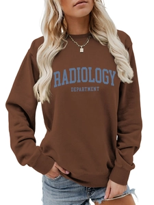 Brown Radiology Department sweatshirt featuring blue lettering and ribbed cuffs on white back