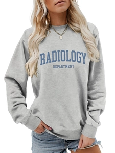 Detail of grey crewneck sweatshirt with blue Radiology Department lettering and rib knit cuffs