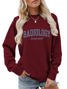 Detail of burgundy crewneck sweatshirt featuring blue Radiology Department chest print