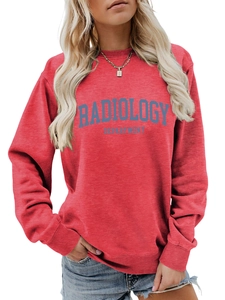 Detail of radiology department print on comfortable brick red long sleeve sweatshirt
