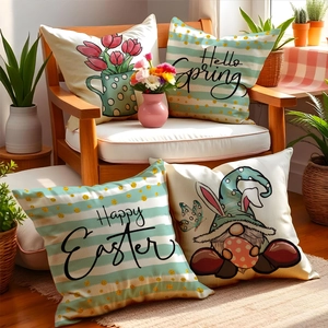 Decorative Pillow Covers Easter Theme Linen Cushion Case Happy Easter Hello Spring Gnomes Tulips For Couch Sofa Home Decor