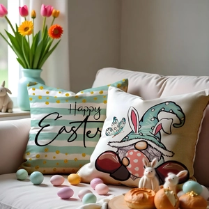 Easter throw pillow covers featuring gnomes and Happy Easter text on a light sofa