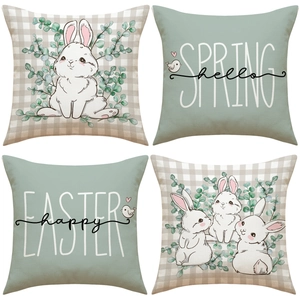 Easter Pillow Covers Linen Cartoon Rabbit Floral Print Decorative Cushion Case Spring Home Decor Happy Easter Hello Spring