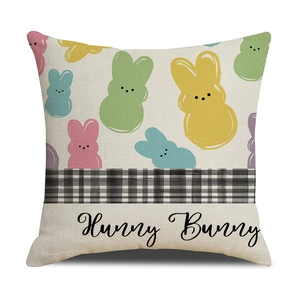 Oster-Deko-Kissenbezug mit bunten Hasenmotiven und Hunny Bunny Schriftzug auf Leinen